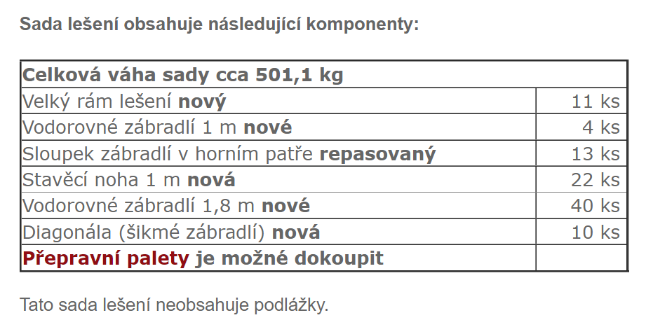 Tabulka konponentů sady lešená BEMA ECO 85 m2